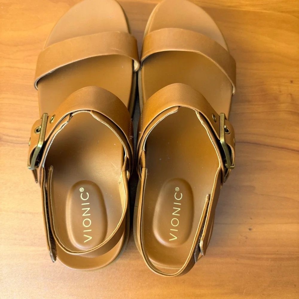 Vionic Torrance Tan Leather Platform Lug Sole Slingback Sandals Womens 11